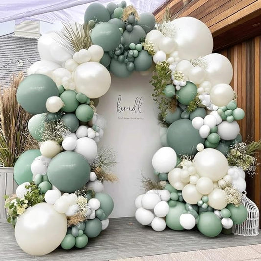 Sage Green White Balloon Garland Double Stuffed Dusty Green White Pearl Balloons Olive Pastel Balloon Arch Kit for Neutral Baby Shower Bridal Shower Birthday Baptism Christmas Party Decorations