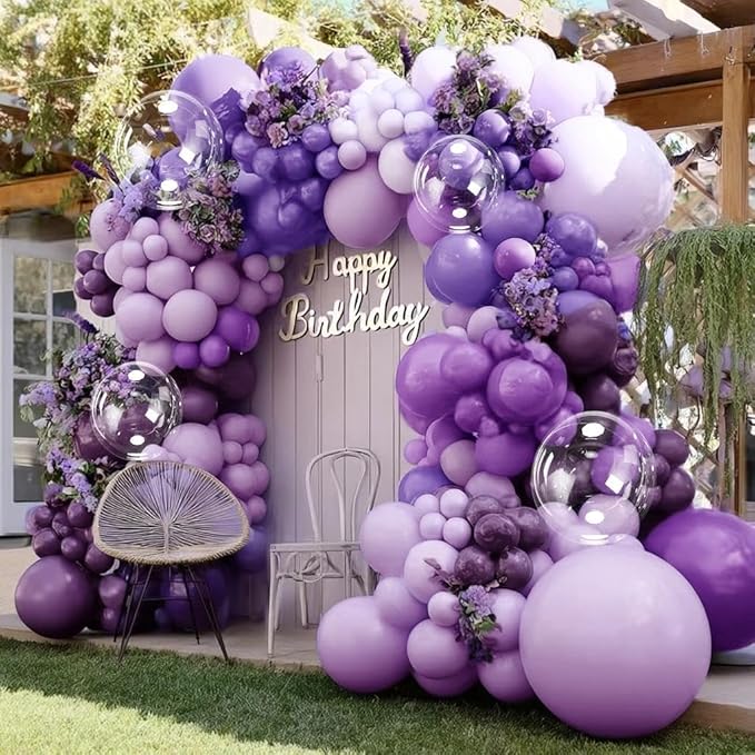 Purple Balloon Arch Garland Kit With Clear Balloons, Double Stuffed Lavender Purple Lilac Balloons for Birthday Wedding Butterfly Baby Shower Fairy Floral Flower Party Decorations