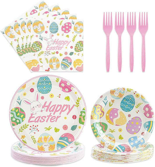 96Pcs Easter Paper Plates and Napkins - Easter Eggs Themed Tableware Set Include 7 & 9Inch Paper Plates Napkins Forks Disposable Decoration Supplies for Kid's Birthday Party, Serve 24
