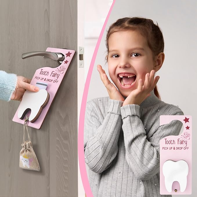 Tooth Fairy Holder Bag Hanger with Money Slot Keepsake Bottle Velvet Pouch Tooth Fairy Box Encourage Gift for Lost Teeth Boy Girl Milk(Classic,Pink Brown)