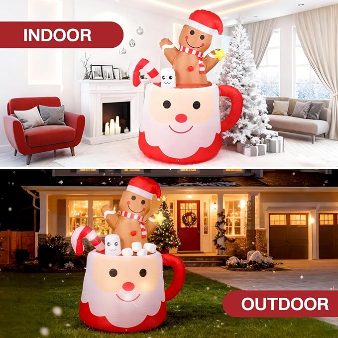 6FT Gingerbread Christmas Inflatables Decorations Outdoor，Blow Up Christmas Decoration Gingerbread Man Mug with Built-in LEDs Lights for Indoor Holiday Party Yard Garden Lawn Décor
