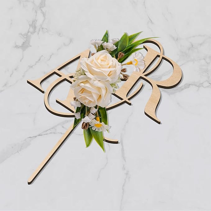 Wedding Cake Topper with 3D Artificial Flowers and Green Leaves Custom Initials Personalized Wooden Engagement Anniversary Cake Decoration