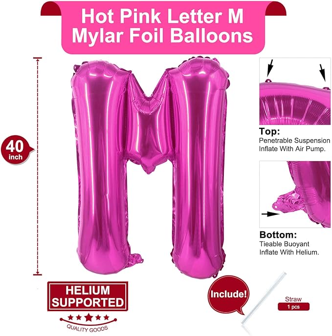 Lovoir 40 Inch Large Hot Pink Letter M Balloons Big Size Jumbo Mylar Foil Helium Balloon for Birthday Party Celebration Decorations Alphabet Hot Pink M