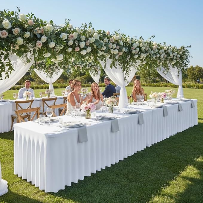 HolidayIdeas White 8ft Spandex Wedding Tablecloth Fitted Stretch Table Skirts 30x96 Inch, Wrinkle-Free Floor Length Polyester Table Cover for Birthday Parties Engagement, Banquets, Events,4 Pack