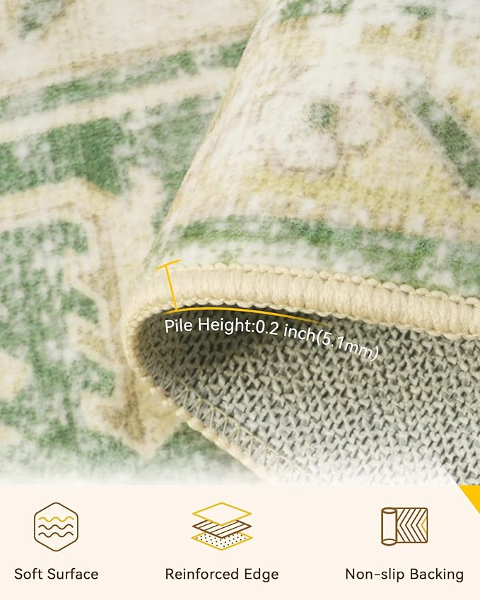Area Rugs 4ft Washable Non-Slip, Floral Vintage Distress Print Pattern Medallion Carpet for Living Room Bedroom Dining Room, Sage Green Yellow