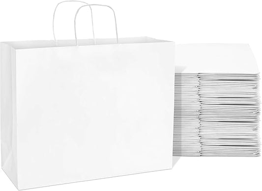 Prime Line Packaging White Gift Bags, Paper Shopping Bags with Handles for Small Business, Boutique, Merchandise, Retail, Party Favors, Bulk, 16x6x12, 50 Pack