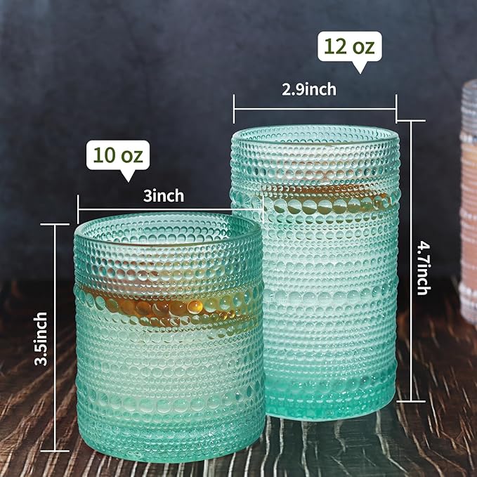 Vintage Hobnail Driinking Glasses Set, Glassware Drinking Set of 8, 12 oz Highball Glasses & 10 oz Cocktail Glasses, Tumbler Glasses for Cocktails, Whiskey, Juice, Milk