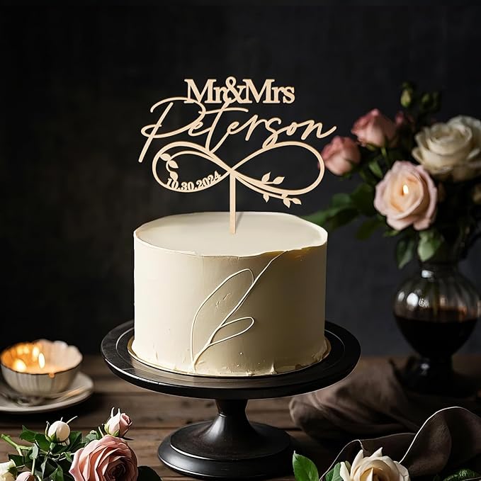 Mr & Mrs Wedding Cake Topper Personalized Bride & Groom's Last Name and Date Customized Wedding Anniversary Cake Decoration Leaves Infinity in Wood