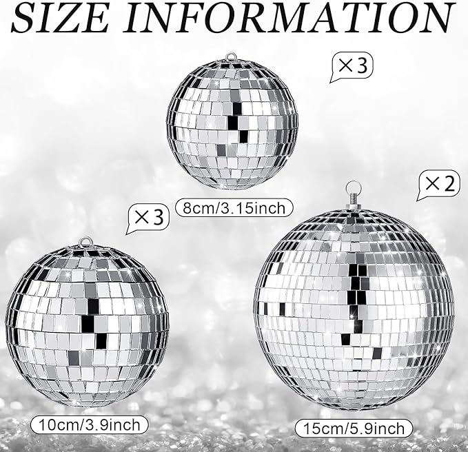 Haull 8 Pcs Large Disco Ball Set Silver Mirror Disco Reflective Ball with Hanging Ring Party Ornament Decoration for Stage Club Ballroom Dance Hall Wedding Prom Props(3'', 4'', 6'')