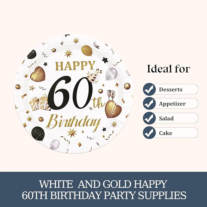 75PCS 60th Birthday Plates and Napkins Party Decorations, 7 Inch White and Gold Happy Birthday Paper Dessert Cake Plates and Napkins Disposable Tableware Set Party Favors for Women Men