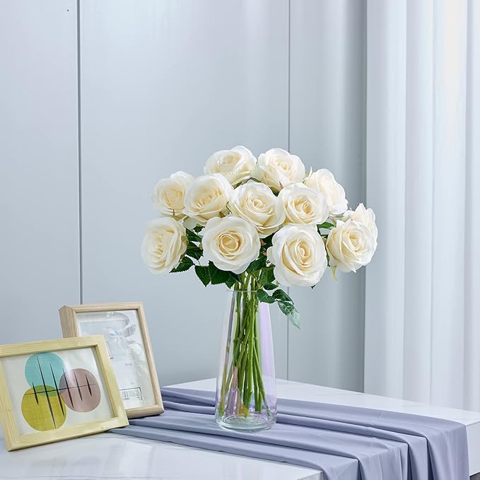 12pcs Ivory Roses Artificial Flowers Silk Flowers Fake Roses with Long Stems for Wedding Decor Home Decor Baby Shower Party Centerpieces Decorations