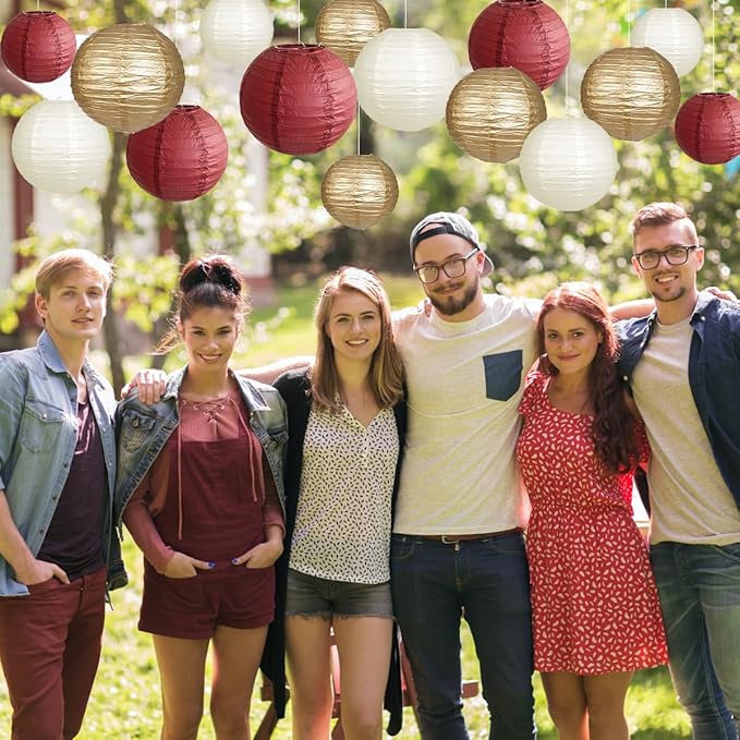 Paper Lanterns Party Decorations, Round Hanging Paper Lanterns Decorations for Graduation Bachelorette Wedding Birthday Party Supplies Maroon/Gold/Ivory 15pcs