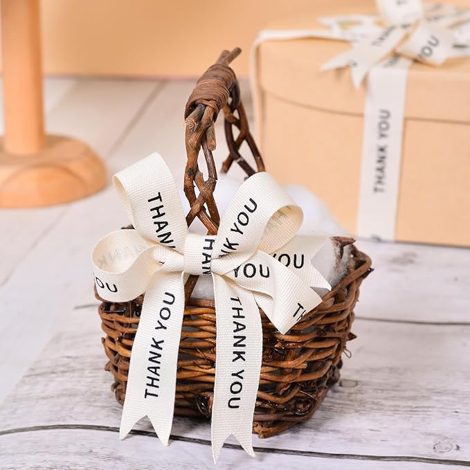 Ribest Thank You Cotton Custom Ribbon, 5/8 Inch × 10 Yard, Natural Beige Teacher Ribbon for Gift Wrapping Crafts Bows Home Decor Party Decoration