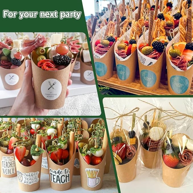50 Sets 12 oz Charcuterie Cups, 100 Picks + 50 Bags + 50 Labels, Disposable Charcuterie Cups with Sticks and Bags, Brown Paper Snack Cup Disposable French Fry Cup for Parties, Catering