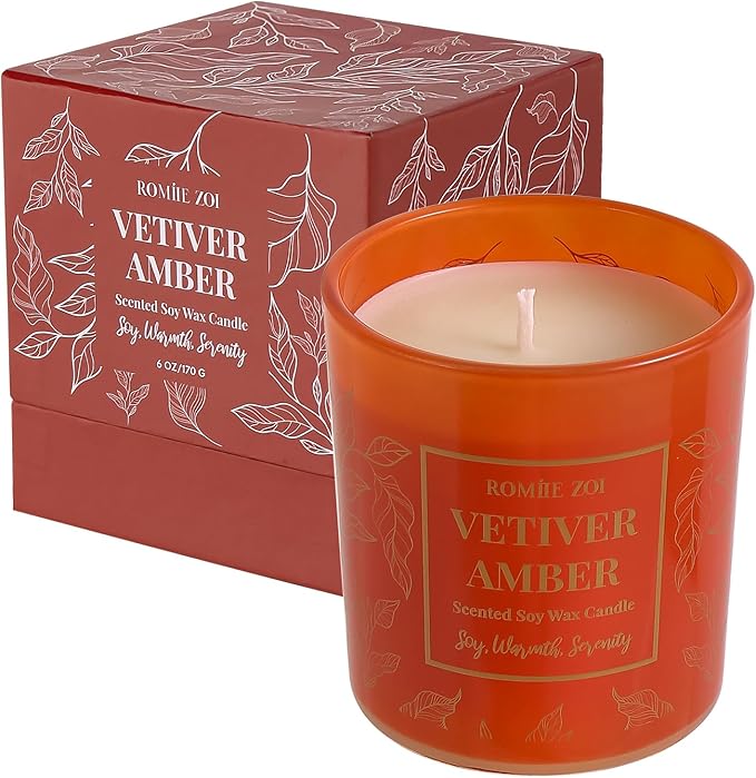 ROMIIE ZOI Aromatherapy Jar Candle - 6oz Soy Wax Candle - Infused with Vetiver Amber Aroma - with Beautiful Keepsake Box Special for Birthday/Holiday Gifts