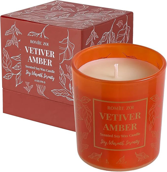 ROMIIE ZOI Aromatherapy Jar Candle - 6oz Soy Wax Candle - Infused with Vetiver Amber Aroma - with Beautiful Keepsake Box Special for Birthday/Holiday Gifts