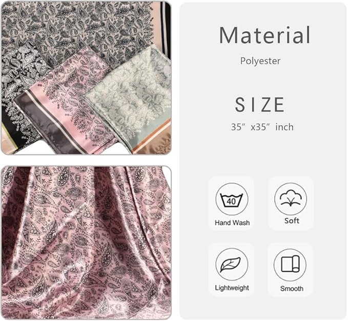 4Pcs Silk Head Scarves for Women Satin Hair Scarf 35”Large Square Bandana Silk Like Neck Scarf Shawl