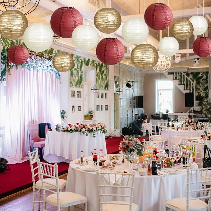 Paper Lanterns Party Decorations, Round Hanging Paper Lanterns Decorations for Graduation Bachelorette Wedding Birthday Party Supplies Maroon/Gold/Ivory 15pcs