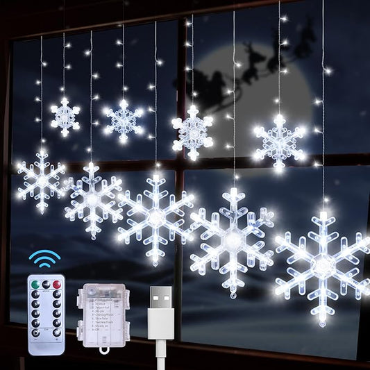Christmas Snowflake Lights Decorations, 5.3FT Remote&Time 8 Light Mode with Battery Powered 112 White LED Window Curtain Lights for Tree, Eaves, Garden, Yard, Indoor Outdoor Xmas Lamp Decor