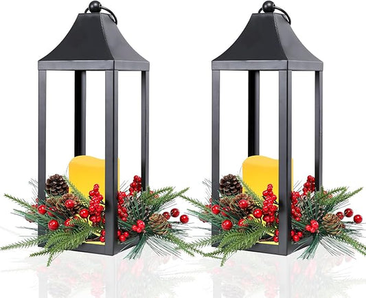 Christmas Lanterns Decorative Indoor, 2 Pack Christmas Lantern Outdoor, 16 Inch Decorative Candle Lanterns Flameless Light with Pine Cones and Berries for Table Centerpieces,Home, Porch Decor