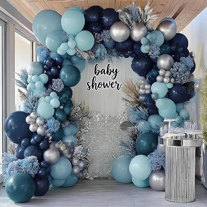 Navy Blue Silver Balloon Garland, Double Stuffed Dark Dusty Slate Blue Balloon Arch Kit for Birthday Baby Bridal Shower Wedding Anniversary Party Decorations
