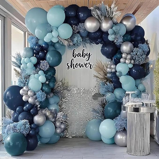 Navy Blue Silver Balloon Garland, Double Stuffed Dark Dusty Slate Blue Balloon Arch Kit for Birthday Baby Bridal Shower Wedding Anniversary Party Decorations