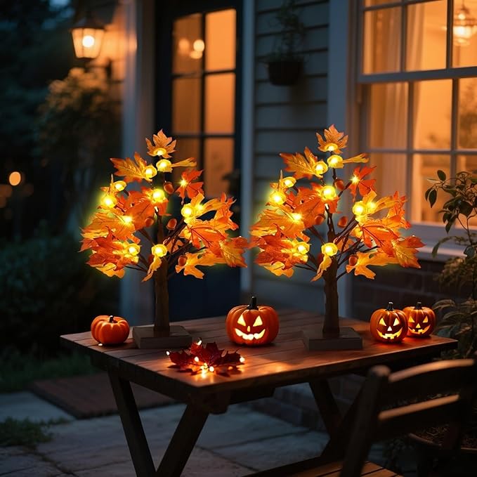 Fall Decorations Artificial Fall Lighted Maple Tree,Total 48 LED Battery/USB Operated Pumpkins Maple Acorn Tree for Table Fireplace Harvest Home Indoor Thanksgiving Decor (2)