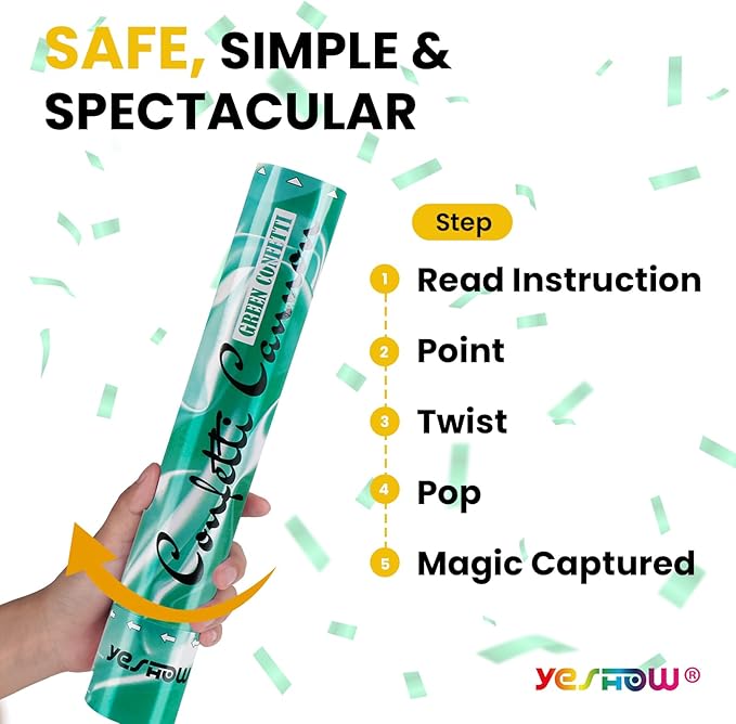 Confetti Cannon Poppers Green, 6PACK YESHOW Green Mylar Confetti Shooter for Graduation, Birthday Party, Nature Party Christmas Eve and New Year Celebration