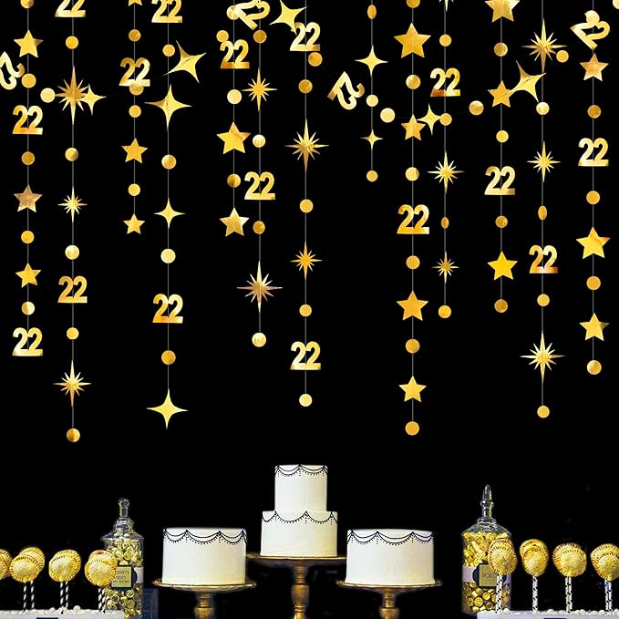 Gold 22nd Birthday Decorations Number 22 Circle Dot Star Garland Streamer Bunting Banner Backdrop for Women Mens Feeling 22 Twenty Two Years Old Birthday Happy 22th Anniversary Party Supplies