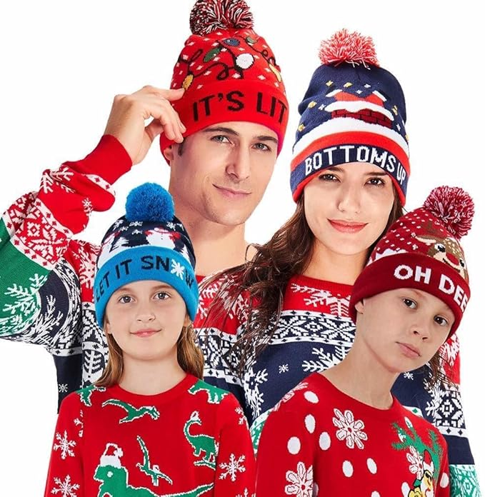 RAISEVERN Unisex Ugly LED Christmas Hat Novelty Colorful Light-up Stylish Knitted Sweater Xmas Party Beanie Cap(6 Lights)