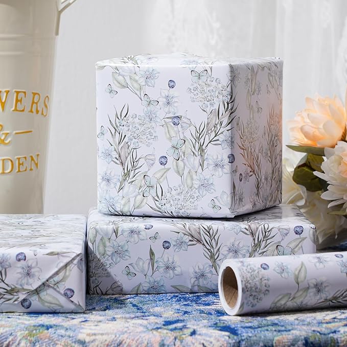 ZINTBIAL Floral Wrapping Paper Roll - Light Blue Watercolor Flowers and Butterfly Design, 17 Inches x 16.5 Feet, Gift Wrap for Wedding, Bridal Shower, Birthday, with Cut Lines on Back