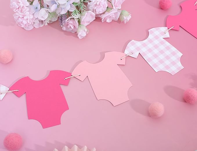 Pink Bodysuit Banner - Baby Shower Decoration Pink Gingham Banner,Shower Gingham Bunting Decor (pink)