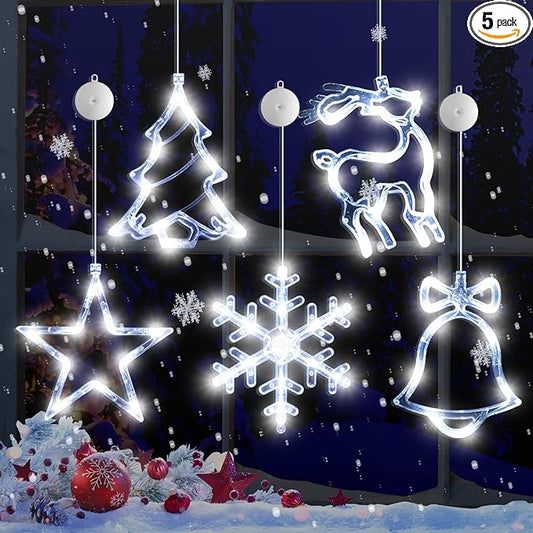 5Pack Christmas Window Lights Decorations with Timer,Battery Powered Christmas Hanging White Lighted Snowflake Tree Star Deer Bells Shaped LED Sucker for Xmas Fireplace Window Indoor Decor