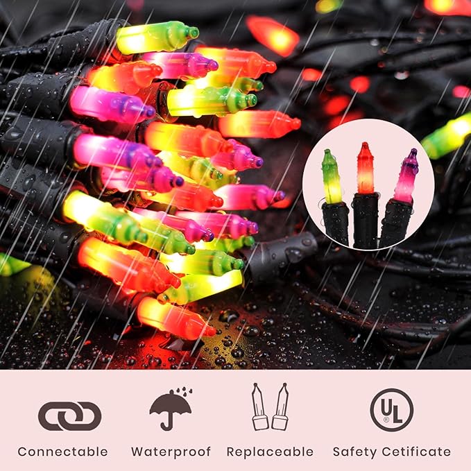 Halloween Purple Orange & Green String Lights – 100 Count Mini Incandescent, 26.5ft Black Wire, UL Listed, Connectable up to 125ft, Spooky Christmas Lights for Indoor & Outdoor Decor