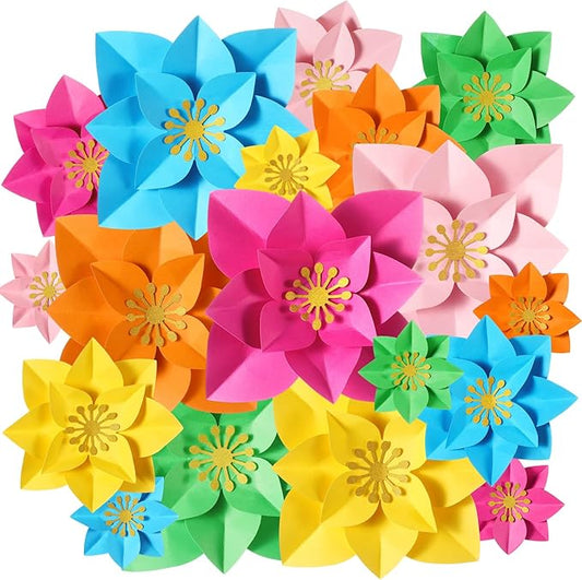 18 Pcs Mexican Paper Flowers Decor for Wall DIY Paper Fiesta Bulletin Board 3D Colorful Mexican Backdrop Decoration for Classroom Back to School Carnival and Holiday Party(Pointed-leaf Clover,Rainbow)