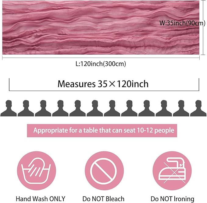 12 Pack Dusty Rose Table Runner, 35x120 Inch Pink Cheesecloth Table Runner with Wrinkle 10ft Long Boho Rustic Gauze Sheer Cheese Cloth for Wedding Party Bridal Baby Shower Table Decor