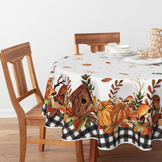 Horaldaily Fall Tablecloth 70x70 Inch Round, Thanksgiving Autumn Harvest Pumpkin Mushroom Black Buffalo Plaid Table Cover for Party Picnic Dinner Decor