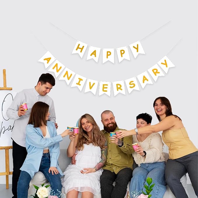White Happy Anniversary Banner, Party Supplies for Wedding Birthday Party Ceremony Decoration