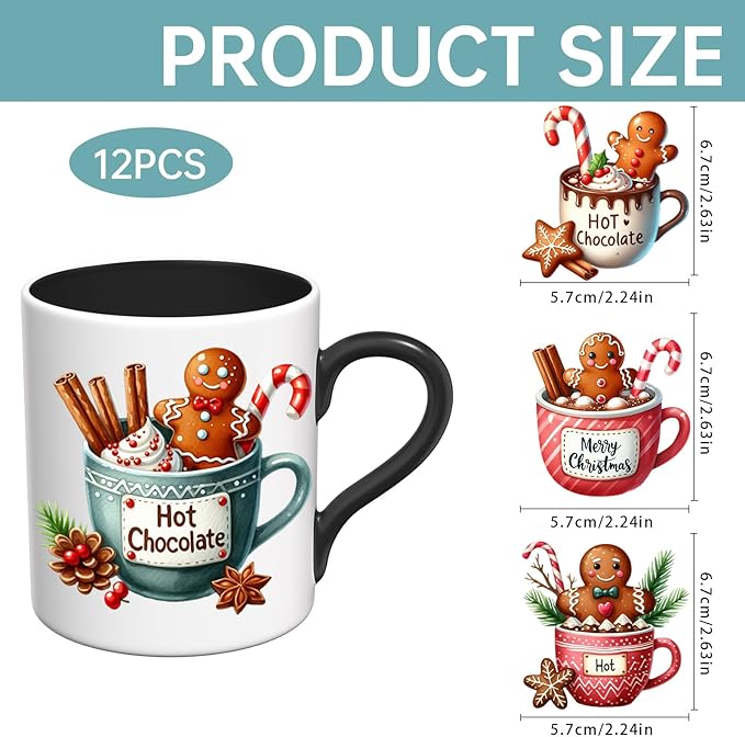 UV DTF Stickers - 12 Sheets Christmas Gingerbread UV DTF Cup Wrap for Coffee Mugs Glass, DIY Decals for Tumblers, Waterproof Rub on Transfers for Crafts