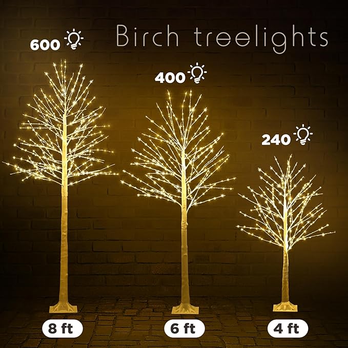 Baquler 12 Pack Lighted Birch Tree - Large Christmas Warm-White LED 8 Mode Light Birch Tree Decoration Set for Thanksgiving Holiday Fall Winter Party Decor, Indoor & Outdoor (4 6 8 ft)