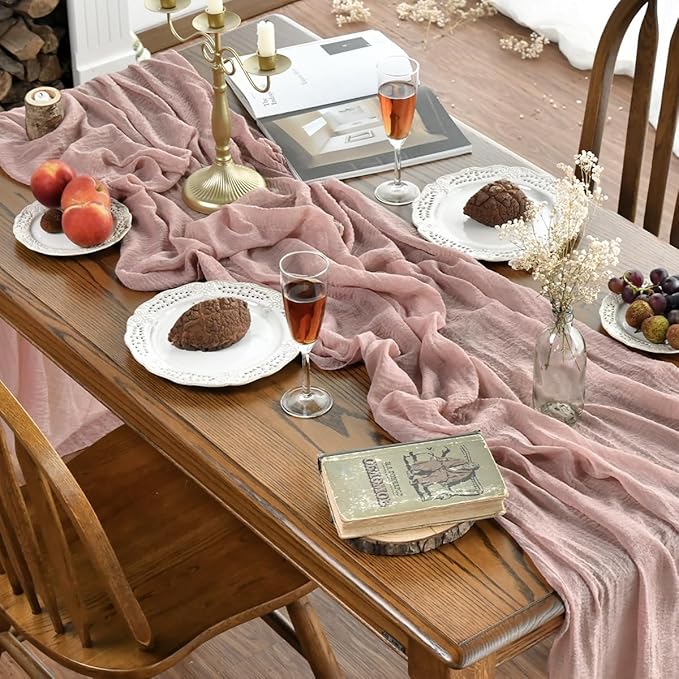 Artoid Mode Boho Cheesecloth Gauze Dusty Pink Wedding Table Runner, 120 Inch Seasonal Fabric Kitchen Dining Holiday Table Decor for Home Party Indoor