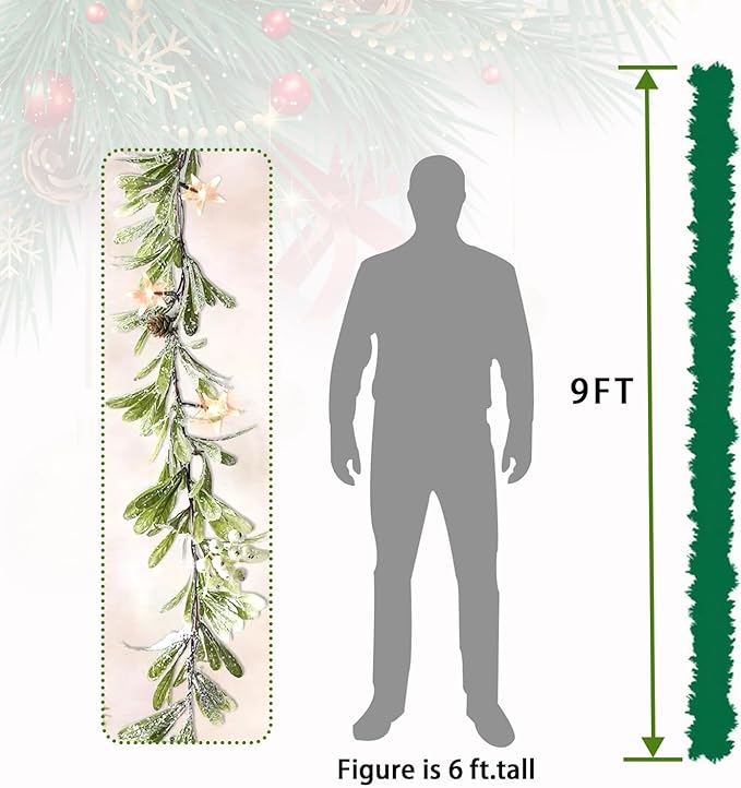 9FT Olive Greenery Garland, Pre-lit Christmas Garland Battery Operated with Timer, Faux Artificial Snowy Pine Garland for Mantle Holiday Winter Party Table Decor