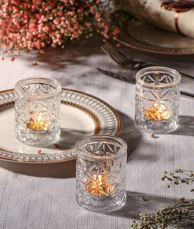 Clear Glass Votive Candle Holders,Glass Candle Holder Set of 12,Vintage Tealight Candle Holders for Wedding Table Centerpieces Decor, Party, Baby Shower/Home Decor/Christmas