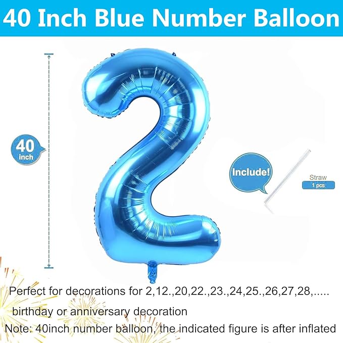 40 inch Blue Number Balloon Giant Foil Helium Balloons Blue Number 2 Balloon for 2nd Birthday Party Decorations