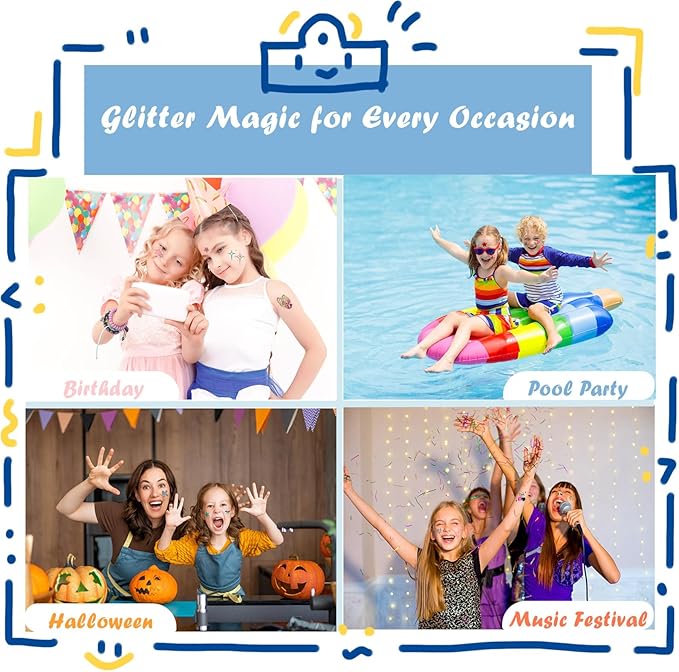 Glitter Tattoo Kit, All-in-One Glitter Tattoos for Kids & Adults with 295 Stencils, 42 Color Powders, 2 Gem Stickers & 20 Turtle Rhinestones, Face & Body Art, Ideal for Carnival, Birthday Party Gift