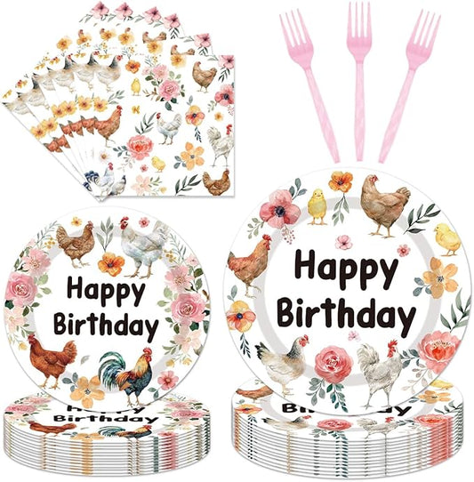 96Pcs Chicken Birthday Party Decorations Disposable Tableware Set - Floral Chick Hens Happy Birthday Paper Plates Napkins Forks Rustic Flower Poultry Dessert Farmhouse Party Supplies Serve 24 Guests