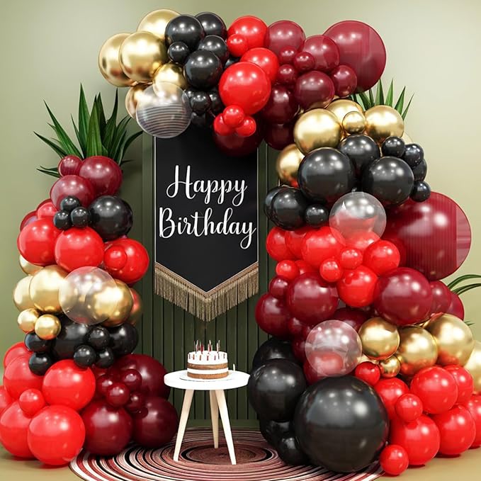 Maroon Gold Black Balloons Arch Red Burgundy Gold Balloons Garland Fantasy Theme Birthday Party New Year Graduation Decoration Transparent Latex Helium Balloon Metallic Casino Balloon