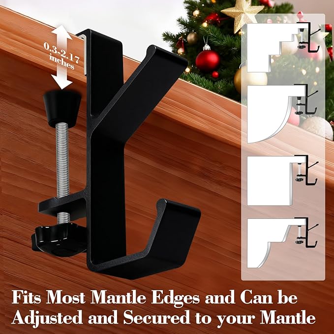 4 Pack Stocking Holders for Mantle for Christmas Decorations,2 in 1 Mantle Garland Holder for Hanging Christmas Stockings,No Drilling Required & Adjustable Garland Hanger, Metal(Black)