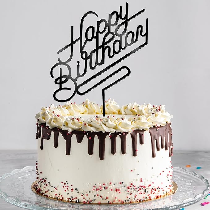 1 PCS Black Happy Birthday Cake Topper, 4.9 x 6.7 Inches Classic Birthday Cake Toppers, Acrylic Happy Birthday Cake Sign, Anniversary Cake Decorations for Party Supplies and Photo Booth Props