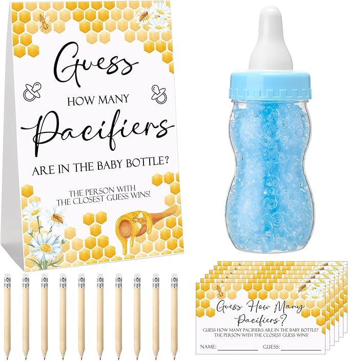 Roowest 512 Pcs Baby Shower Games Guess How Many Pacifiers Sign 100 Small Guessing Games 10 HB Pencils 750ml Milk Bottle 400 Acrylic Pacifiers Decoration for Guest Gender Reveal(Blue,Bee)